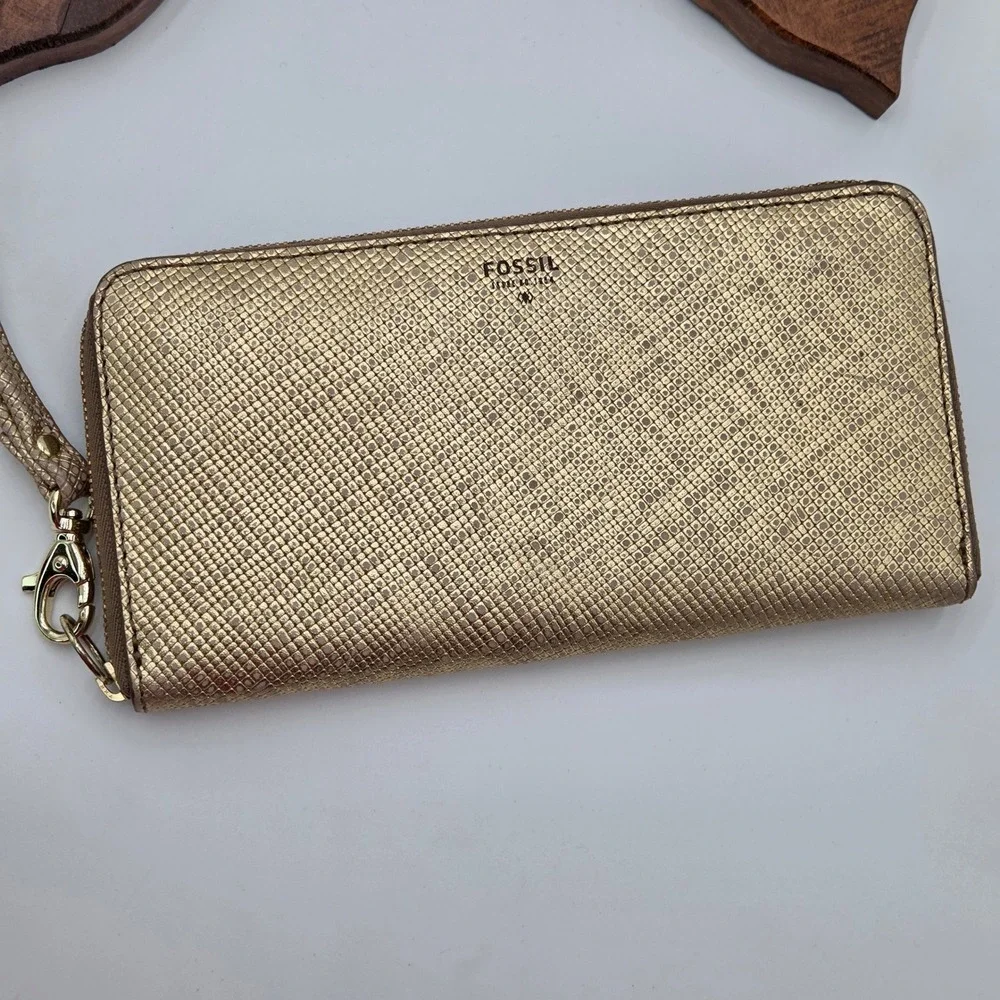 Fossil Logan Zip Around Clutch Wallet Metallic Gold Snake Embossed 8